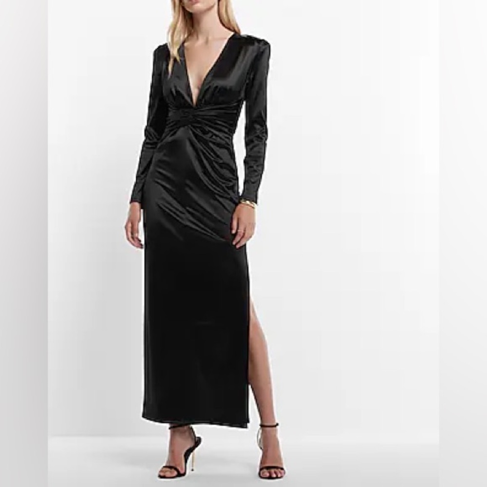 Deep v satin long sleeve dress